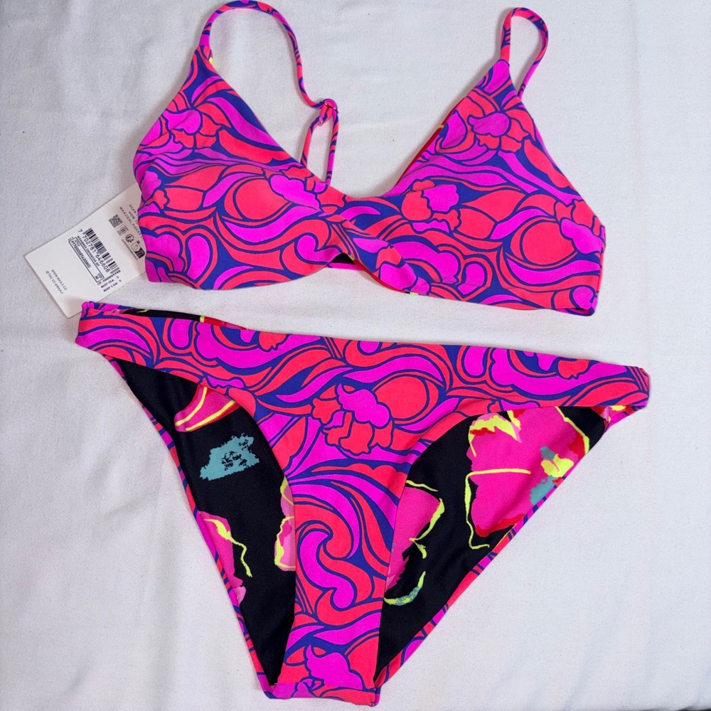 Maaji Bikini Set Medium Pink Purple Reversible Floral Triangle Low Rise New